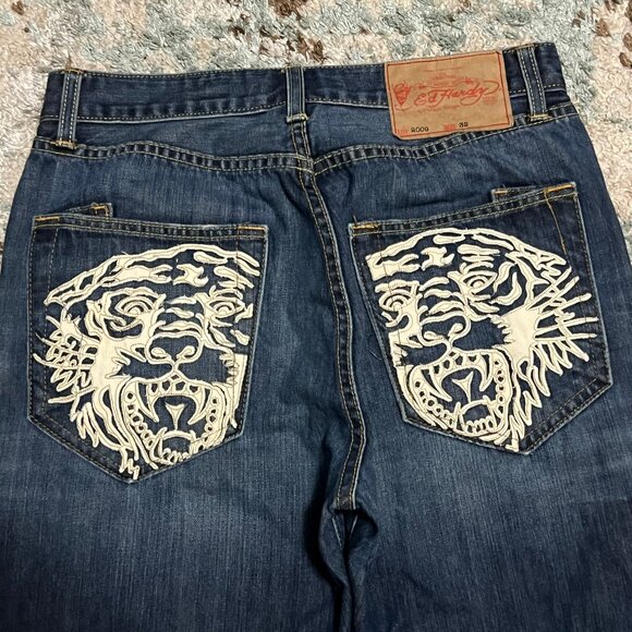 Vintage Ed Hardy Mens White Tiger Pocket Jeans Size 32x32 Straight Leg Y2K